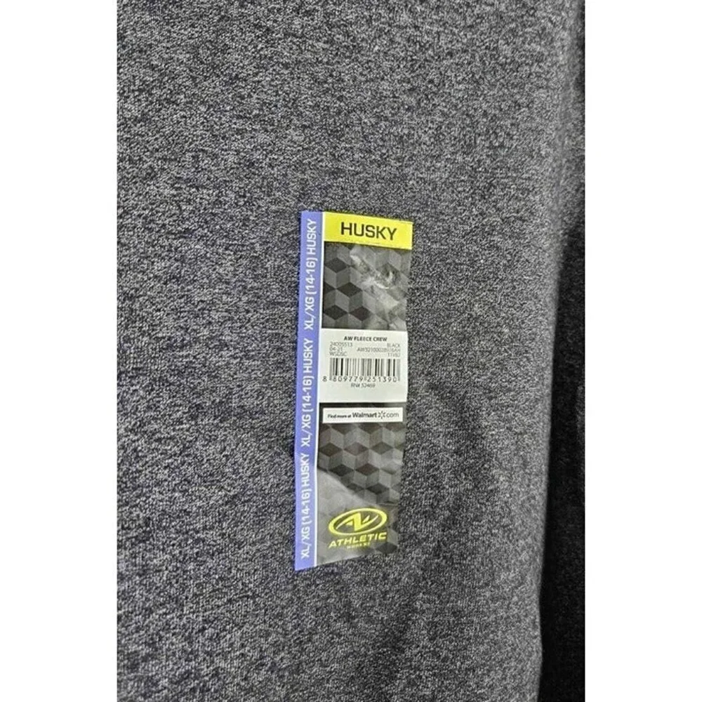 New Athletic Works Boys Fleece Crew Black Gray Sweatshirt Sz XL (14-16) Husky